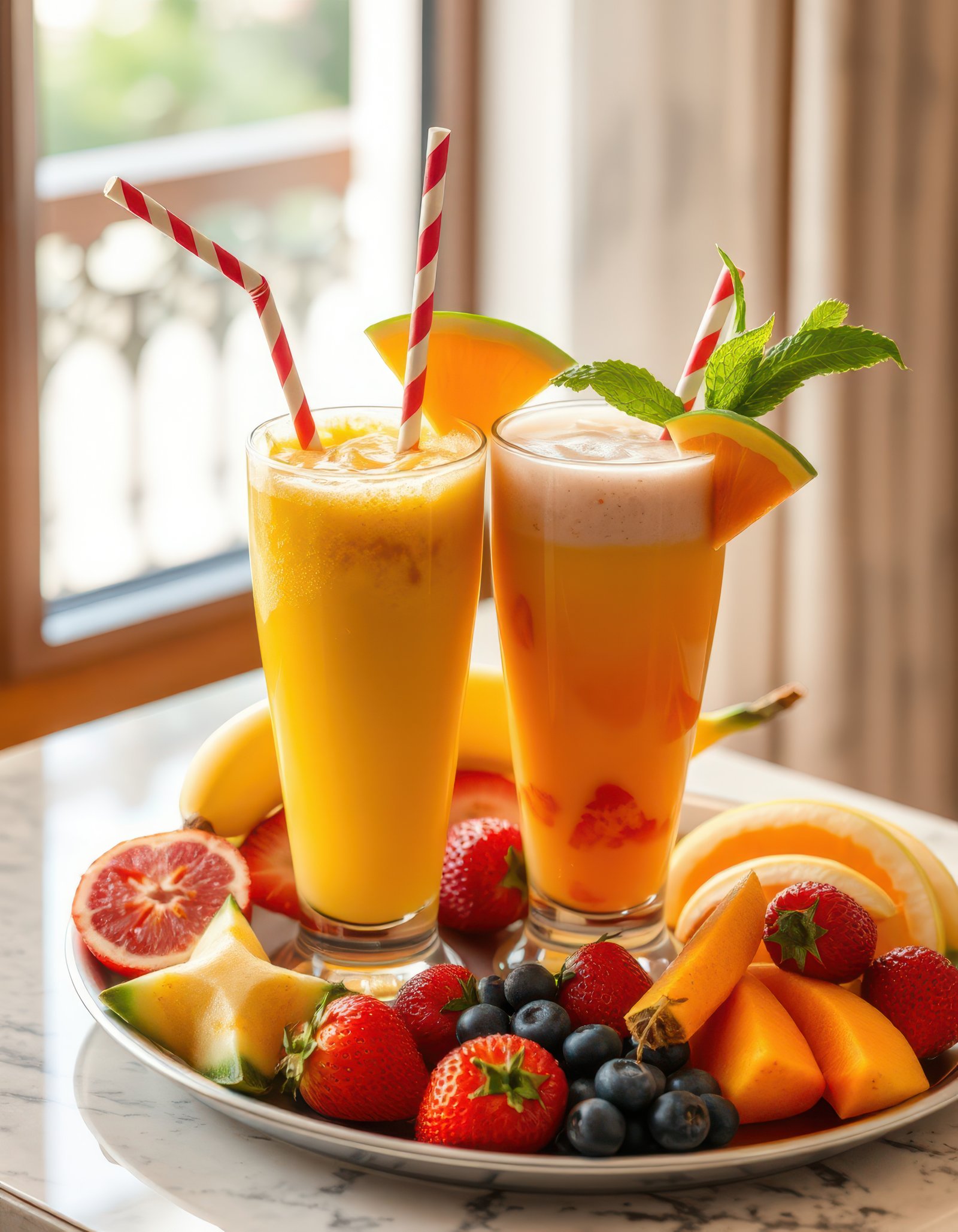 Refreshing fruit drinks served on a decorative plate with assorted fresh fruits in a bright setting